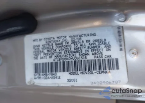 1998 Toyota Camry Le V6 из США, поврежденный, VIN 4T1BF28K0WU061516